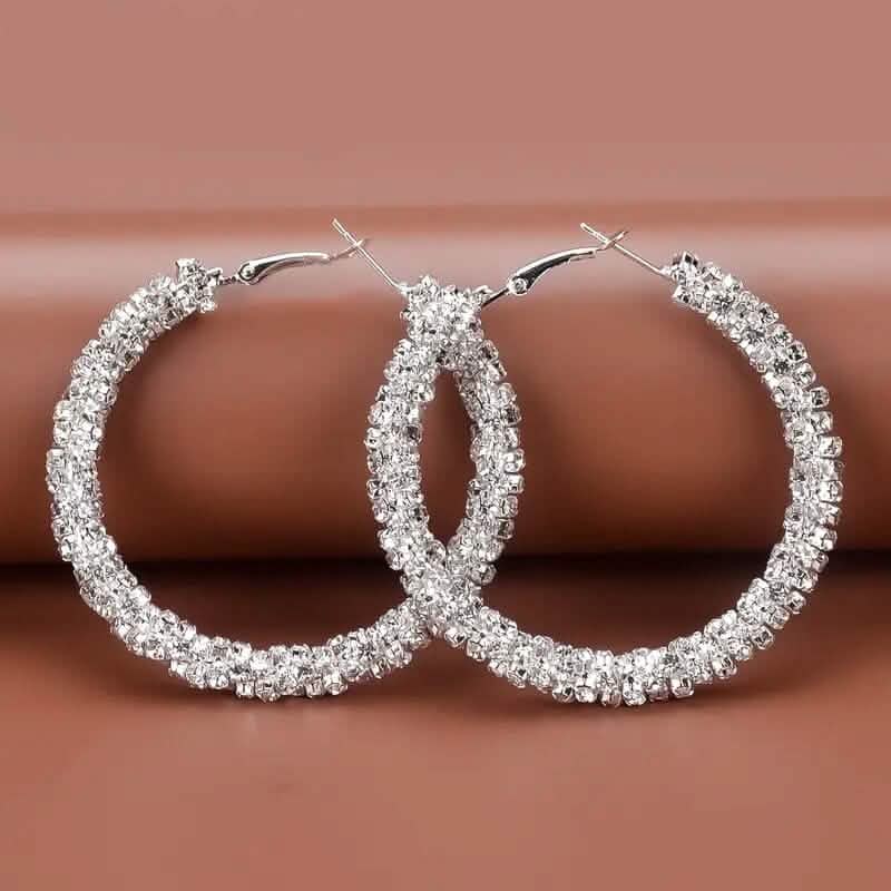 Large Full Rhinestone Silver Hoop Earrings - A-1 Thread Vault
