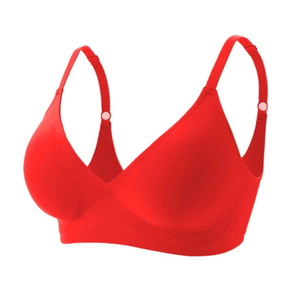 A seamless v-neck bralette in a vibrant red color with adjustable shoulder straps isolated on a white background.