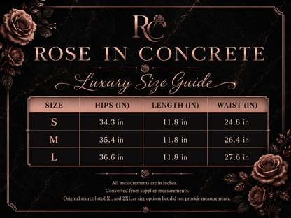 A Rose in Concrete luxury size guide chart displayed against a black marble background with ornate rose illustrations, featuring columns for size, hips, length, and waist measurements.