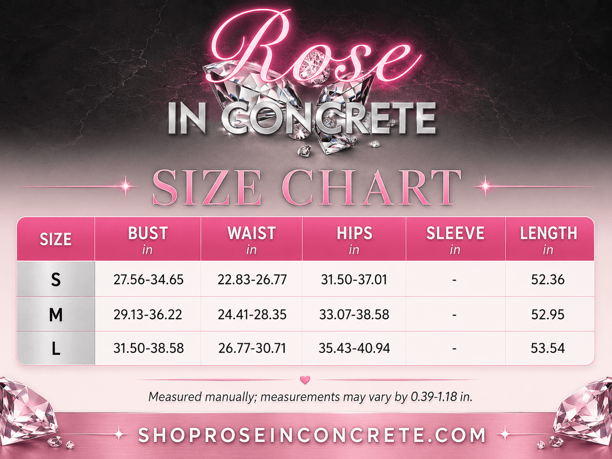 A pink and dark gray size chart for clothing featuring columns for bust, waist, hips, sleeve, and length measurements for small, medium, and large sizes with diamond graphics at the top and bottom.