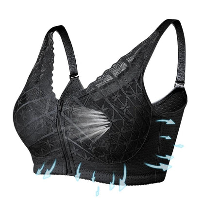 A black lace front-zipper bra with adjustable straps features perforated fabric on the underband and side panels, with light-blue arrows pointing outward to indicate ventilation.