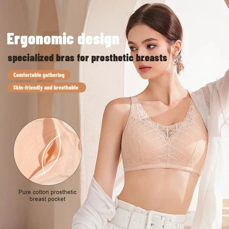 A beige lace bra featuring a built-in pocket in the cup is worn by a woman posing in a bright, sunlit room.