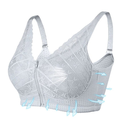 A white lace front-zipper bra with adjustable shoulder straps and a perforated side panel design, featuring blue graphical arrows pointing outward to indicate breathability.