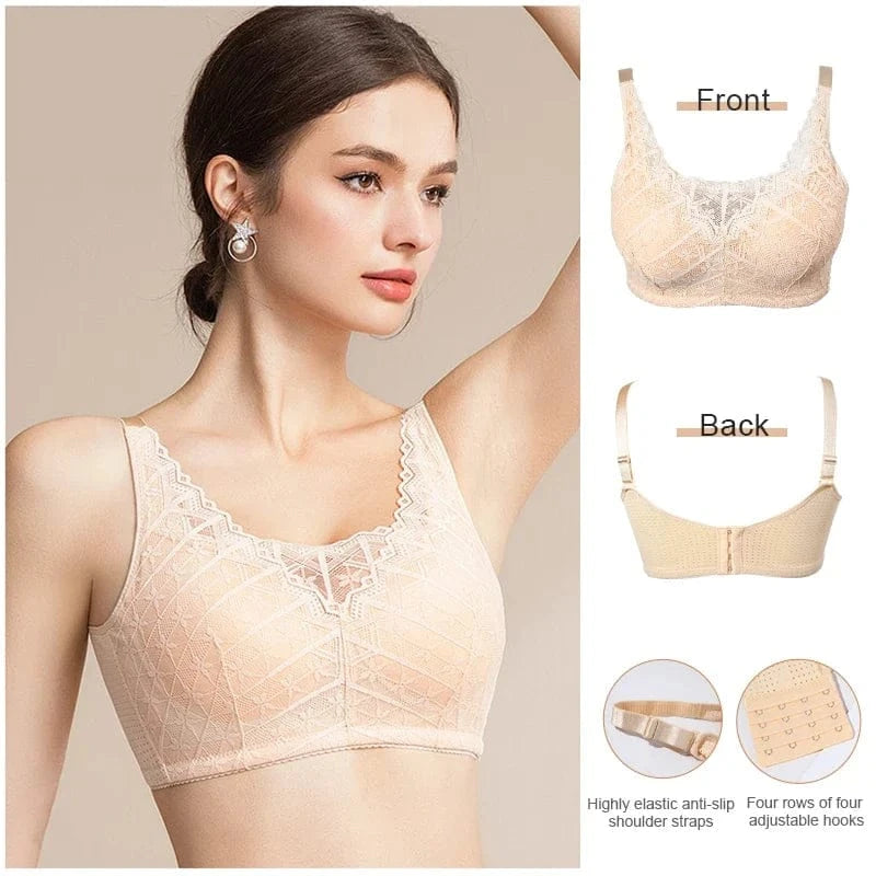 A beige lace bralette shown on a model, with smaller inset images displaying the front view, the back view with a hook-and-eye closure, the elastic straps, and the adjustable hooks.