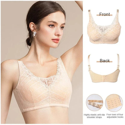A beige lace bralette shown on a model, with smaller inset images displaying the front view, the back view with a hook-and-eye closure, the elastic straps, and the adjustable hooks.