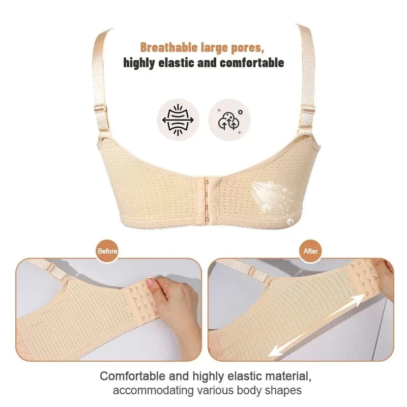 A beige, breathable, porous back-closure bra is shown against a white background, highlighting its high elasticity with before and after comparison images showing the side strap being stretched.