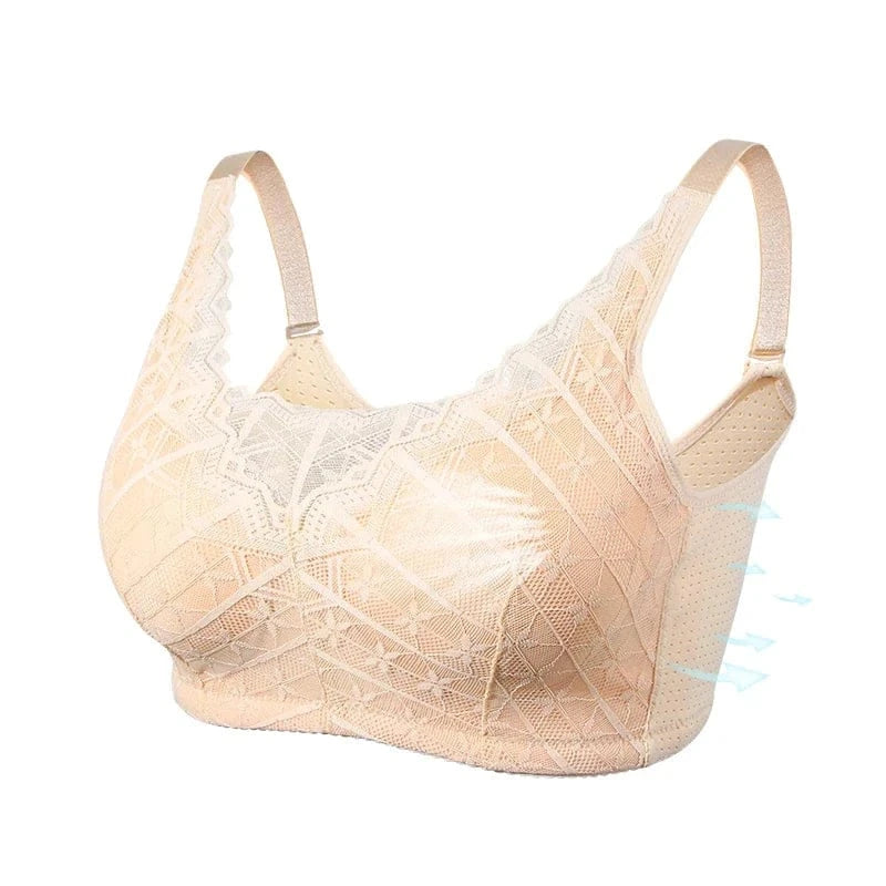 A beige lace wireless bra with adjustable straps, wide side panels, and a patterned design against a plain white background.
