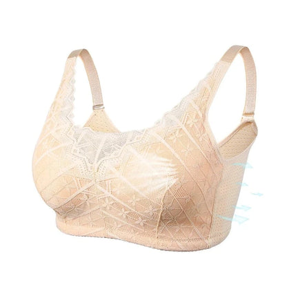 A beige lace wireless bra with adjustable straps, wide side panels, and a patterned design against a plain white background.