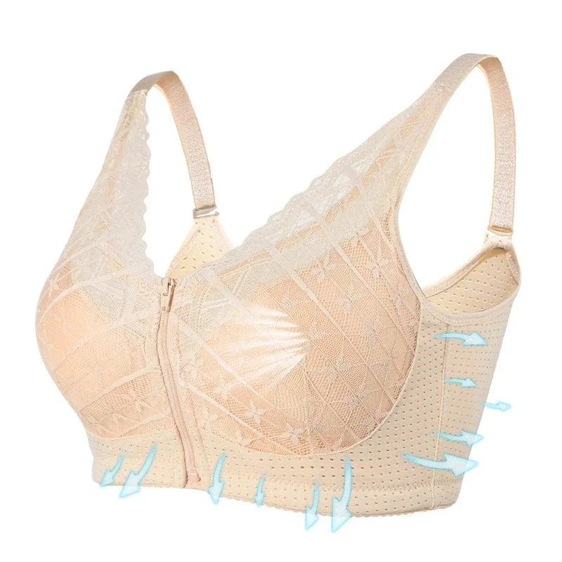 A beige lace front-closure bra with adjustable straps, featuring a breathable mesh side panel and blue graphic arrows indicating support and lift.