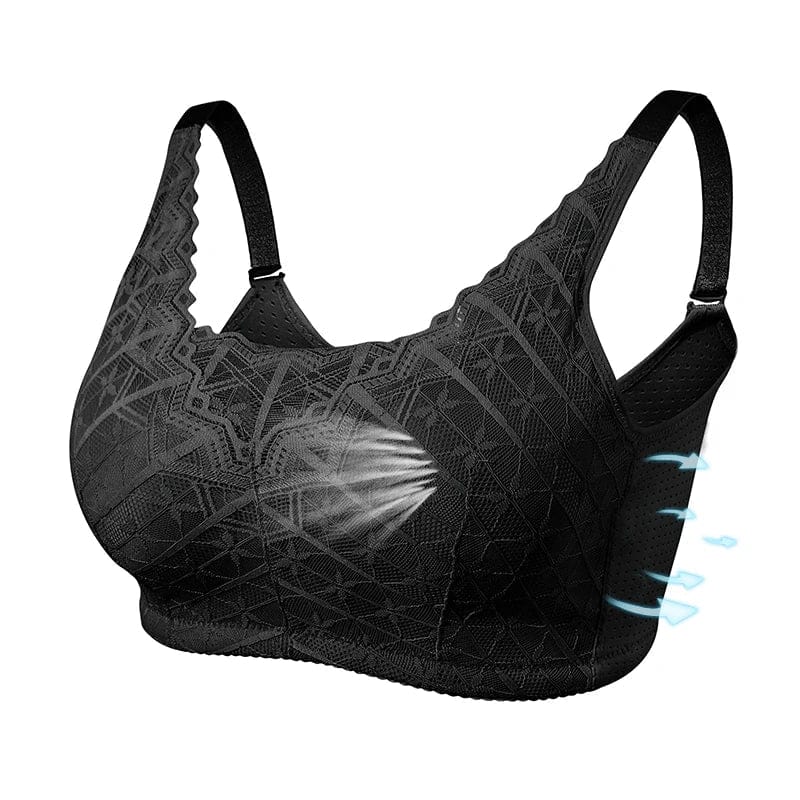 A black lace bralette with adjustable straps and decorative geometric patterns, shown with stylized blue air flow indicators to emphasize breathability.
