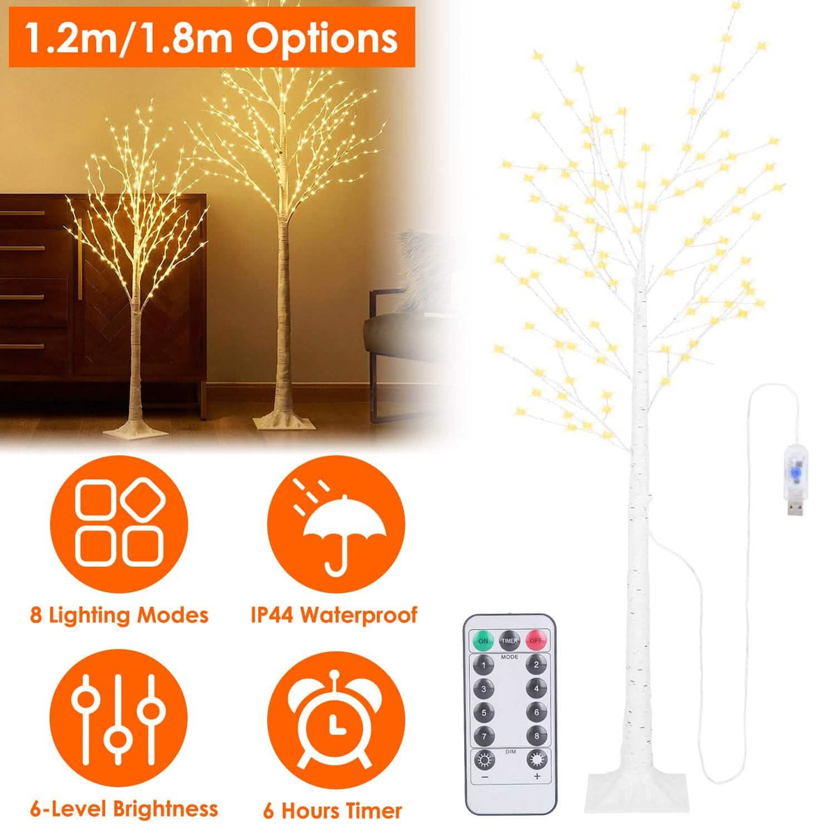 Lighted Birch Tree Artificial White Birch Tree Wig with 8 Warm White Lighting Modes - A-1 Thread Vault