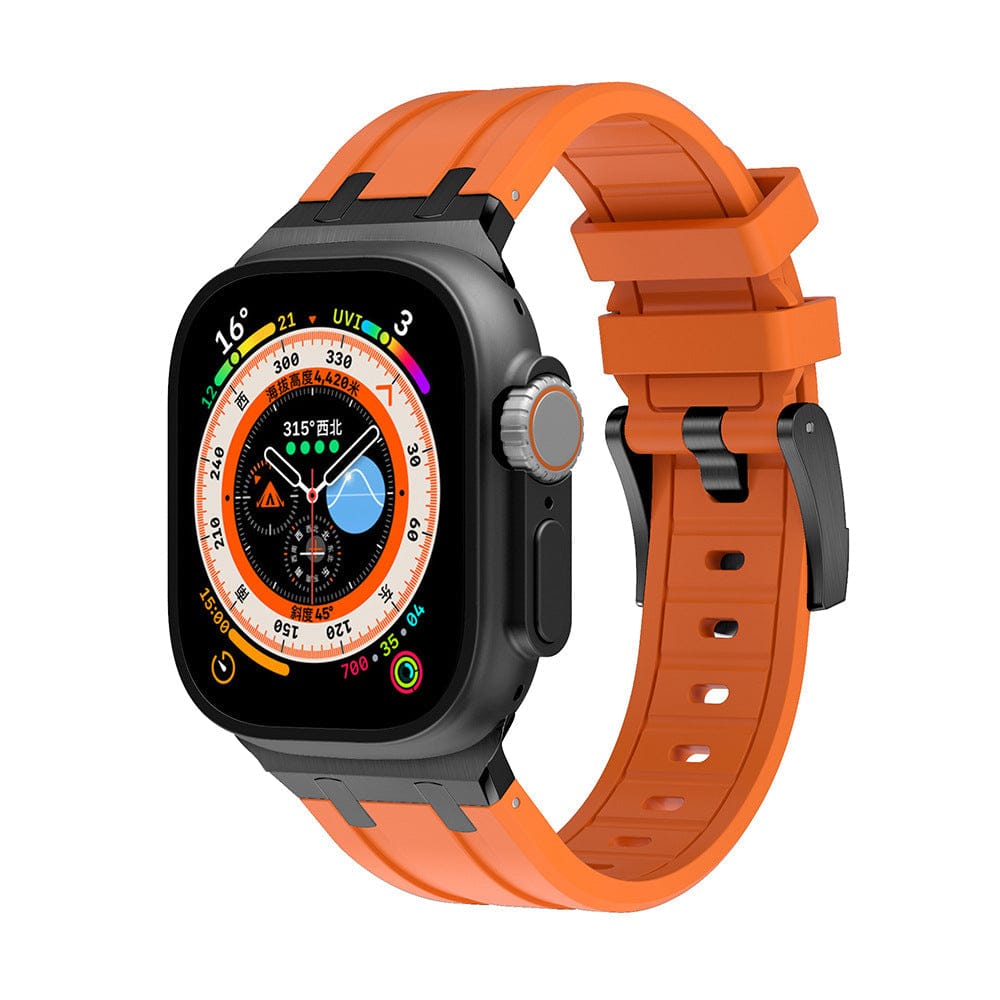 A smartwatch with a rectangular black case and a vibrant orange silicone strap featuring a textured pattern and a black buckle.