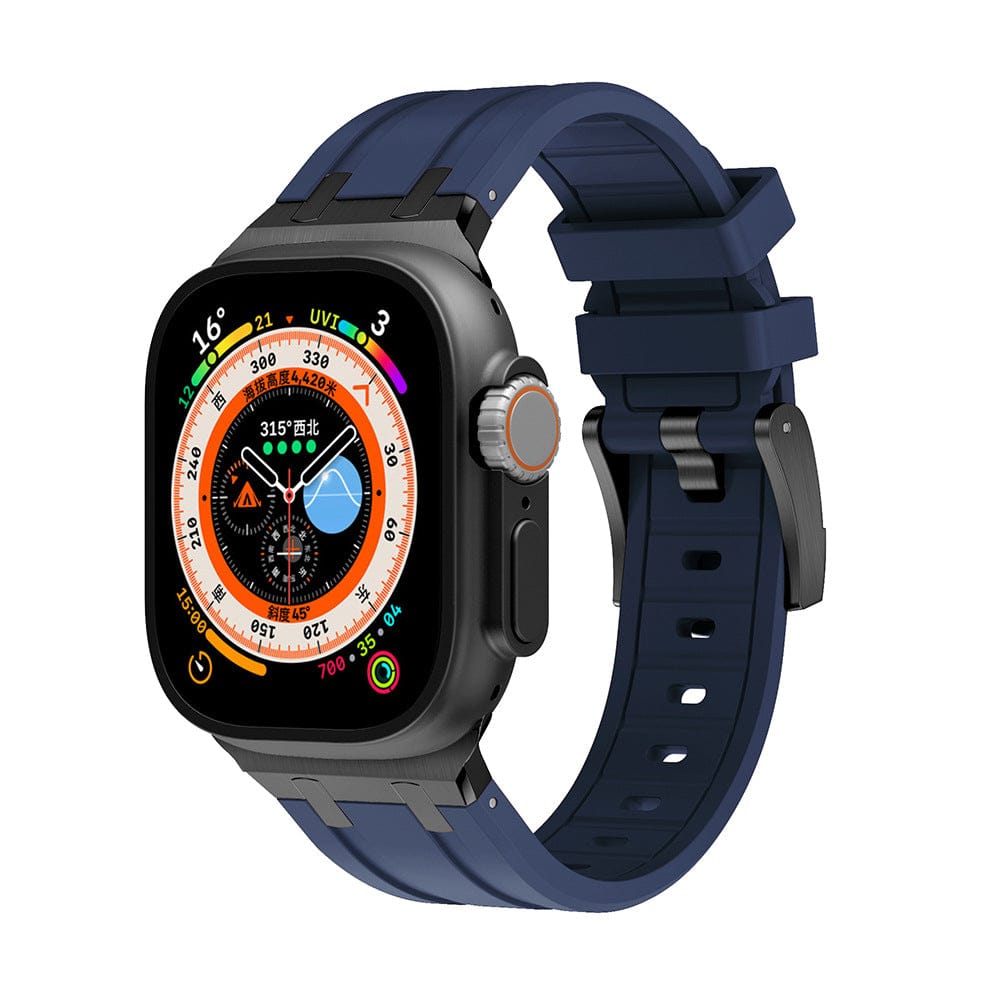 A smartwatch with a rectangular display showing a multi-colored circular gauge interface, paired with a dark blue silicone watch band and a black frame.