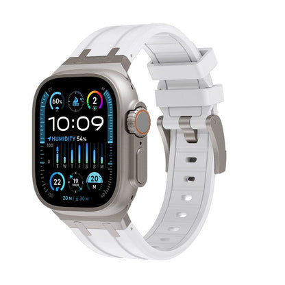 A modern digital smartwatch with a rectangular display and a white silicone band, shown from a three-quarter angle against a white background.