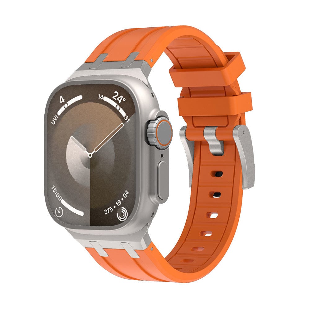 A modern smartwatch with a rectangular silver case and a bright orange textured silicone band featuring a silver buckle, displayed against a plain white background.