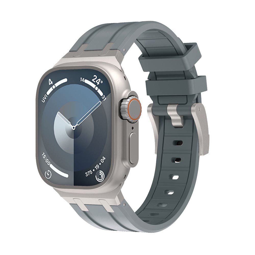A smartwatch with a grey silicone band and a rectangular metallic case featuring a digital watch face displayed on a white background.