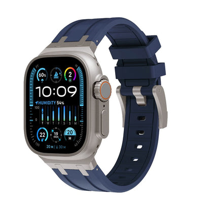 A digital smartwatch with a rectangular display and a dark blue silicone band, featuring a screen showing weather and activity data on a light gray metallic case.