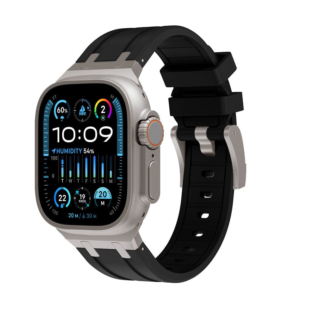A square smartwatch with a silver metallic frame and a black silicone strap featuring a digital watch face displaying weather, humidity, and time data.