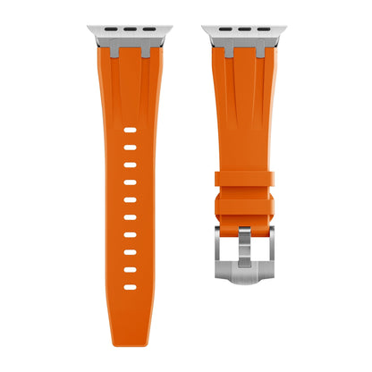 An orange watch strap with a silver buckle and attachment hardware shown from the front and back.