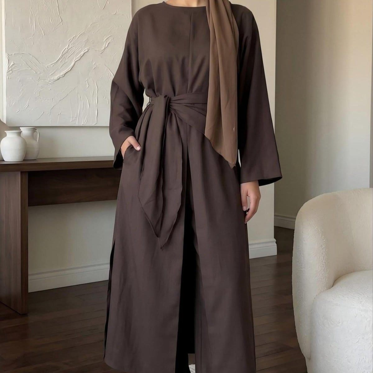 Long-Line Top, Wide-Leg Trousers & Triangle Scarf Three-Piece Co-ord Set(MS484) - A-1 Thread Vault