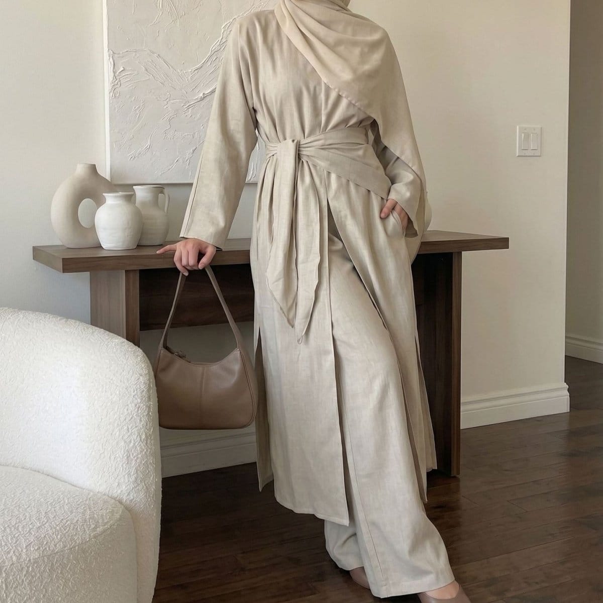 Long-Line Top, Wide-Leg Trousers & Triangle Scarf Three-Piece Co-ord Set(MS484) - A-1 Thread Vault
