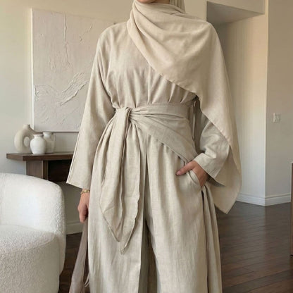 Long-Line Top, Wide-Leg Trousers & Triangle Scarf Three-Piece Co-ord Set(MS484) - A-1 Thread Vault