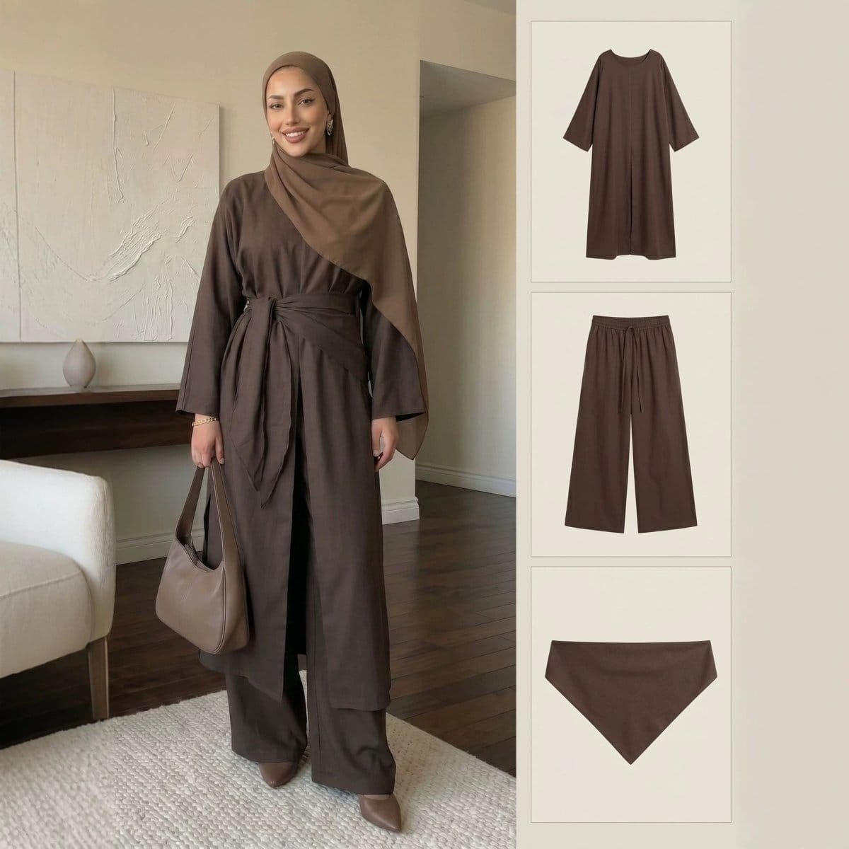 Long-Line Top, Wide-Leg Trousers & Triangle Scarf Three-Piece Co-ord Set(MS484) - A-1 Thread Vault