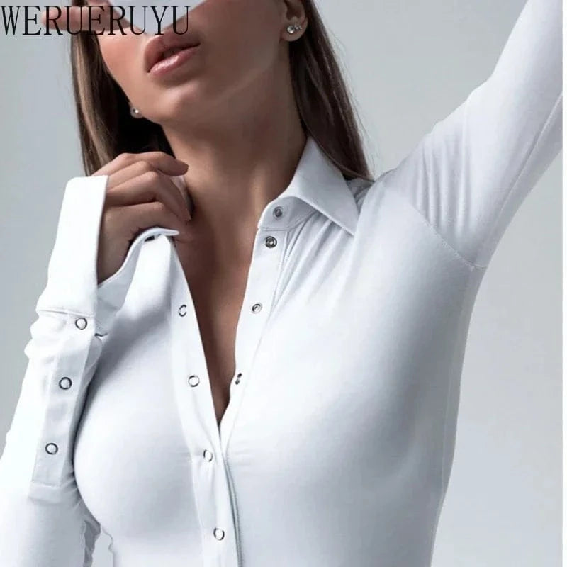 Long Sleeve Bodysuit Women Y2k Clothes Button Lapel Sexy Tops Autumn Winter Fashion Stretch Tight Elegant Body Suits Women 2024 - A-1 Thread Vault