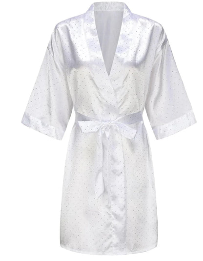 Luxury Bridal Short Robe Wedding Day Diamond Feather Dressing Gown Silk Satin Whi - A-1 Thread Vault
