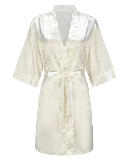 Luxury Bridal Short Robe Wedding Day Diamond Feather Dressing Gown Silk Satin Whi - A-1 Thread Vault
