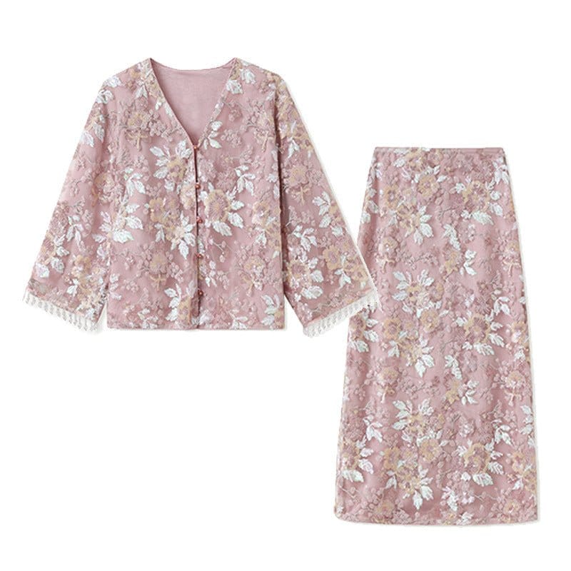 Luxury Embroidered Floral Jacket & Skirt Set(MS307) - A-1 Thread Vault