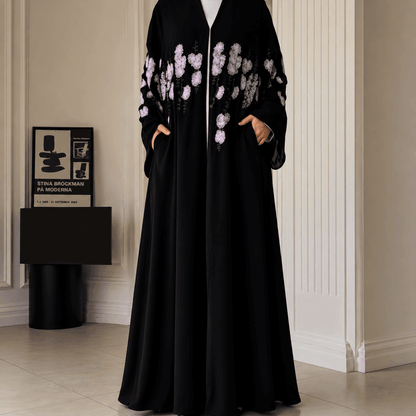 Luxury Floral Embroidered Double-Layer Chiffon Open Abaya(MOA308) - A-1 Thread Vault