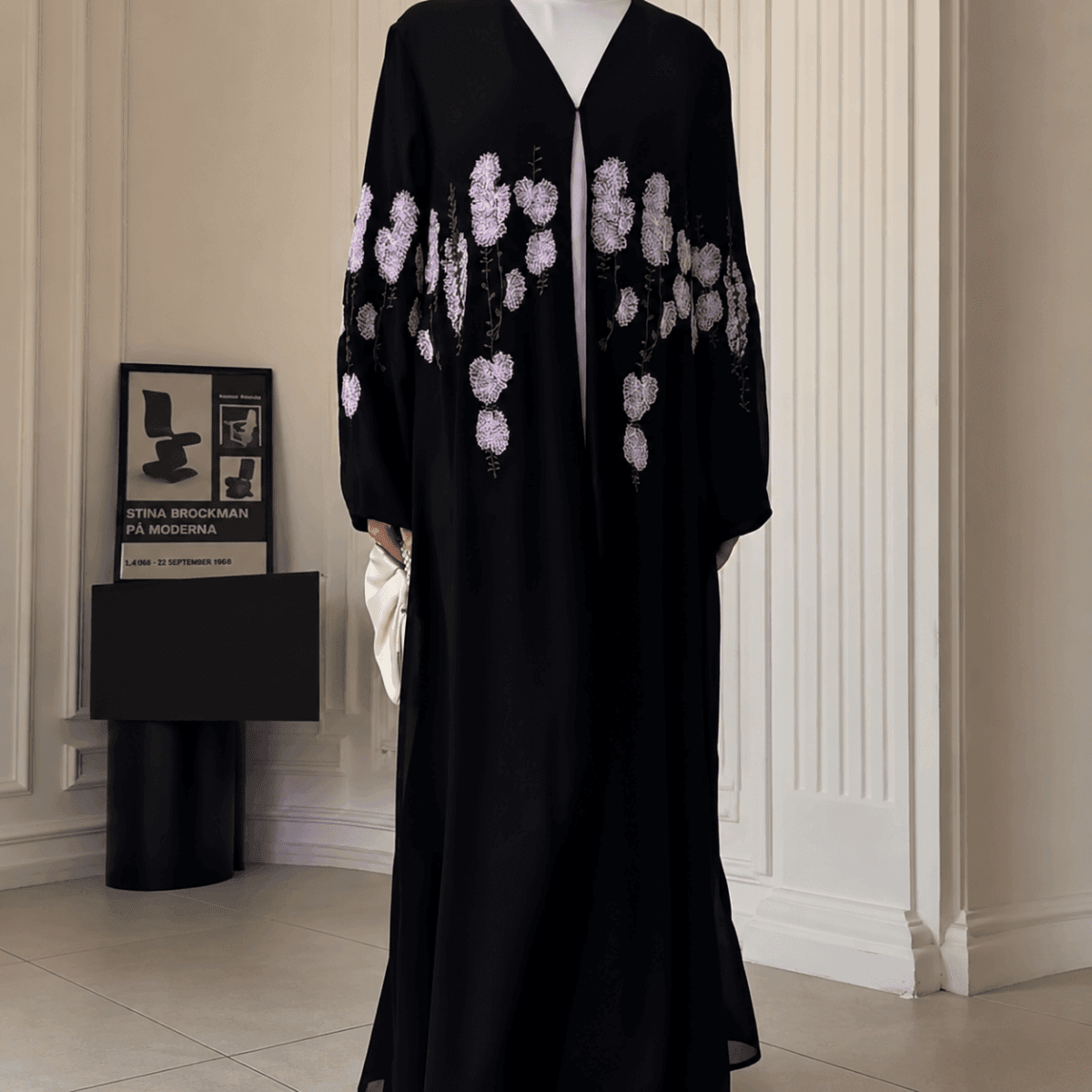 Luxury Floral Embroidered Double-Layer Chiffon Open Abaya(MOA308) - A-1 Thread Vault