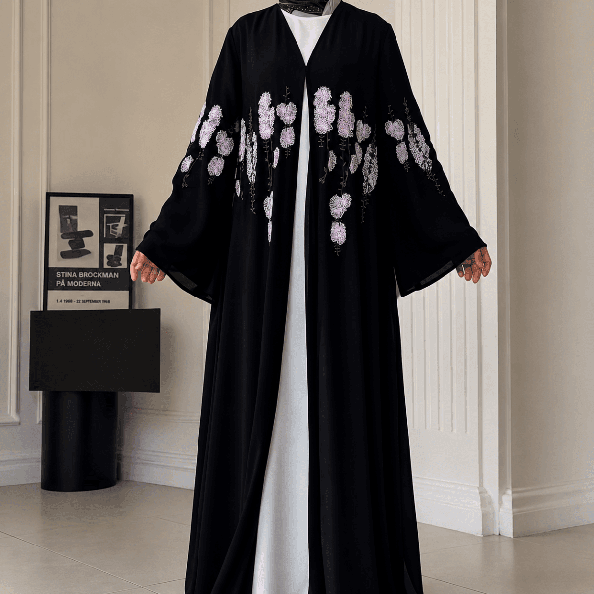 Luxury Floral Embroidered Double-Layer Chiffon Open Abaya(MOA308) - A-1 Thread Vault