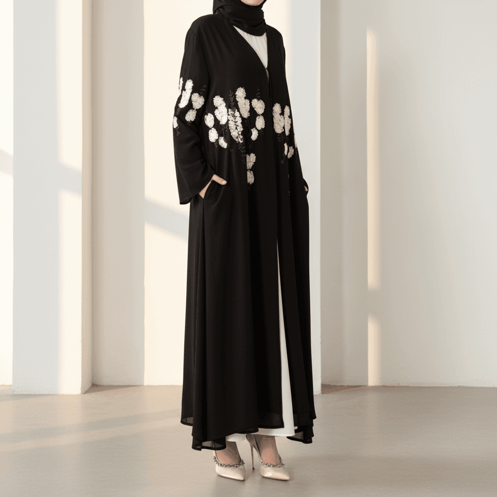 Luxury Floral Embroidered Double-Layer Chiffon Open Abaya(MOA308) - A-1 Thread Vault