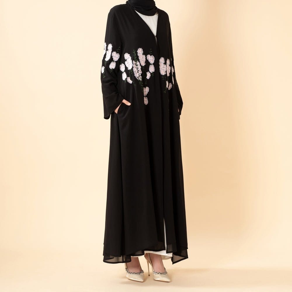 Luxury Floral Embroidered Double-Layer Chiffon Open Abaya(MOA308) - A-1 Thread Vault