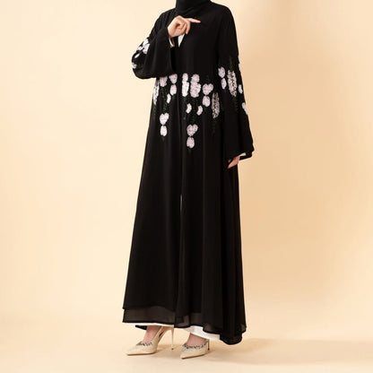 Luxury Floral Embroidered Double-Layer Chiffon Open Abaya(MOA308) - A-1 Thread Vault