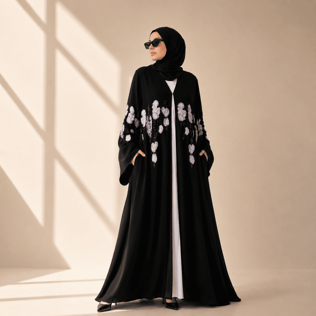 Luxury Floral Embroidered Double-Layer Chiffon Open Abaya(MOA308) - A-1 Thread Vault
