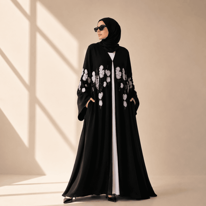 Luxury Floral Embroidered Double-Layer Chiffon Open Abaya(MOA308) - A-1 Thread Vault