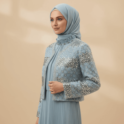 Luxury Pearl Beaded Diamond Grid Jacket & Pleated Dress Set(MS403) - A-1 Thread Vault