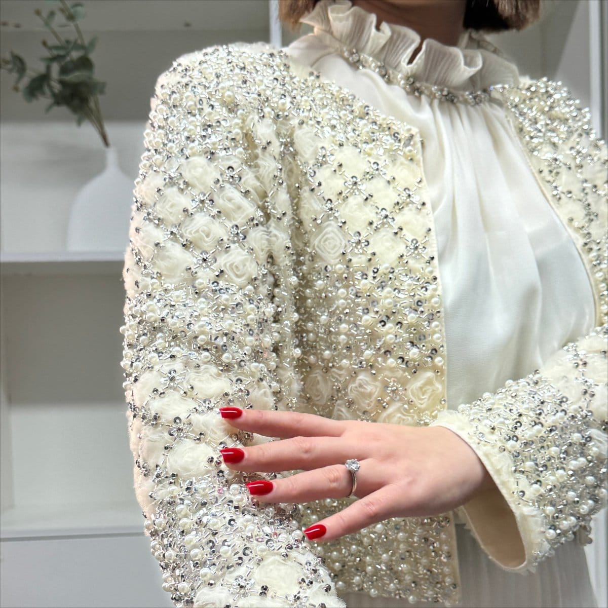 Luxury Pearl Beaded Diamond Grid Jacket & Pleated Dress Set(MS403) - A-1 Thread Vault