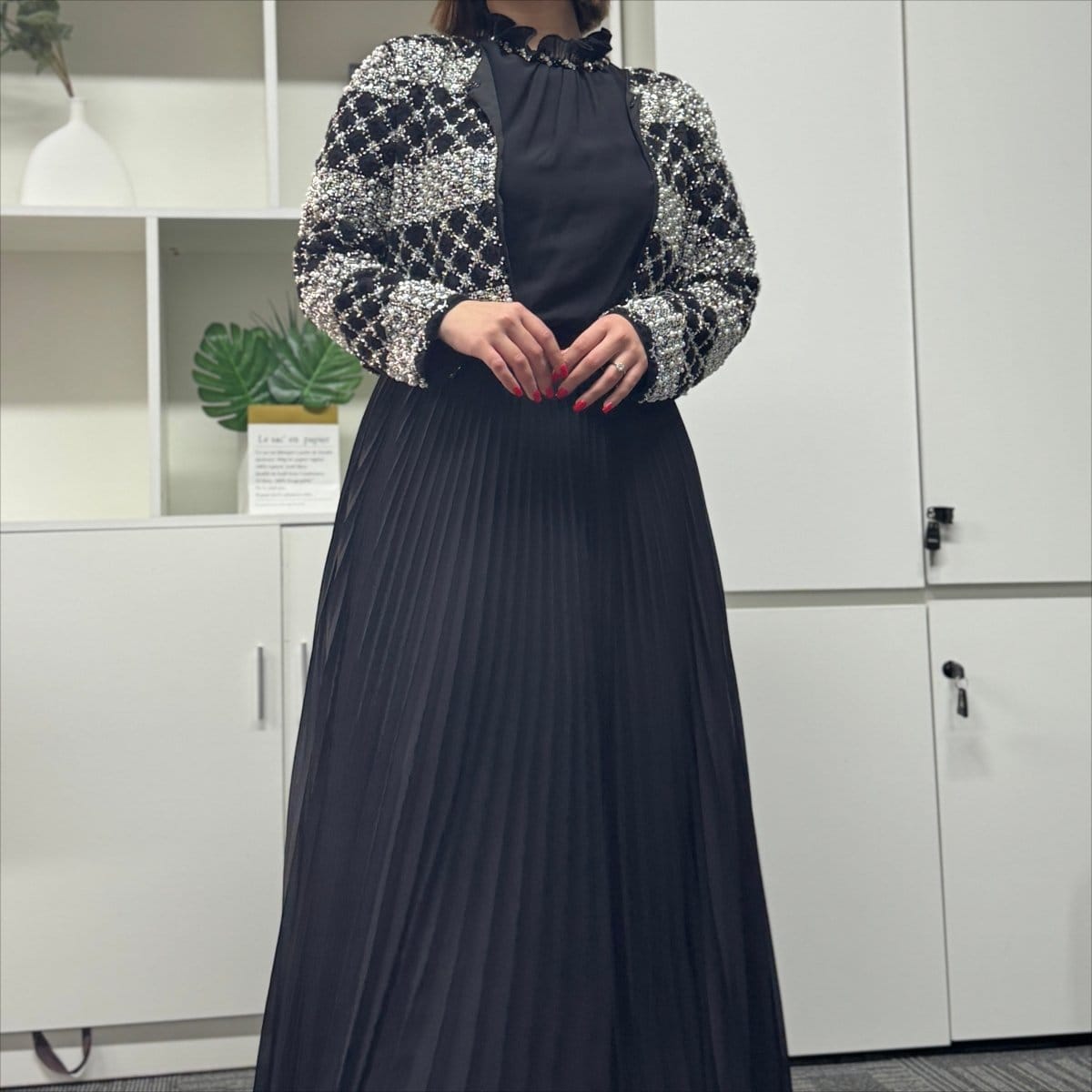 Luxury Pearl Beaded Diamond Grid Jacket & Pleated Dress Set(MS403) - A-1 Thread Vault