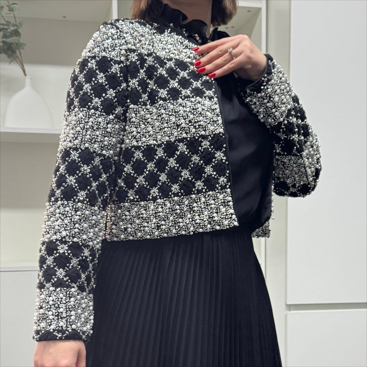 Luxury Pearl Beaded Diamond Grid Jacket & Pleated Dress Set(MS403) - A-1 Thread Vault