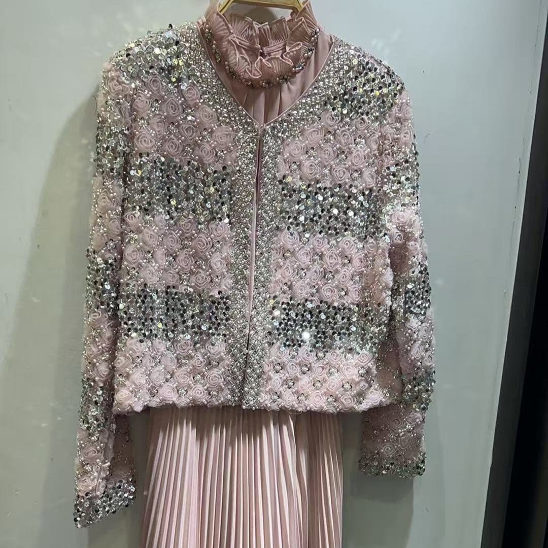 Luxury Pearl Beaded Diamond Grid Jacket & Pleated Dress Set(MS403) - A-1 Thread Vault