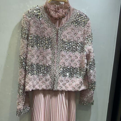 Luxury Pearl Beaded Diamond Grid Jacket & Pleated Dress Set(MS403) - A-1 Thread Vault