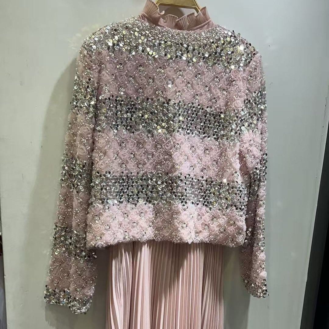 Luxury Pearl Beaded Diamond Grid Jacket & Pleated Dress Set(MS403) - A-1 Thread Vault
