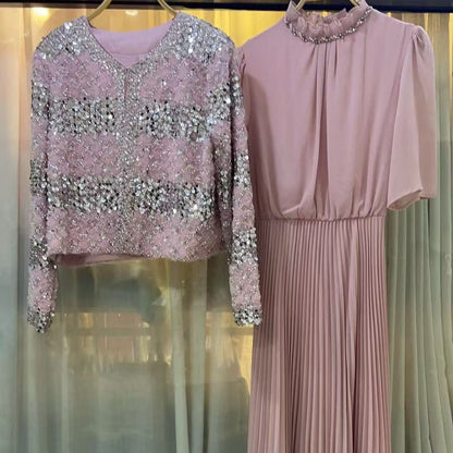 Luxury Pearl Beaded Diamond Grid Jacket & Pleated Dress Set(MS403) - A-1 Thread Vault