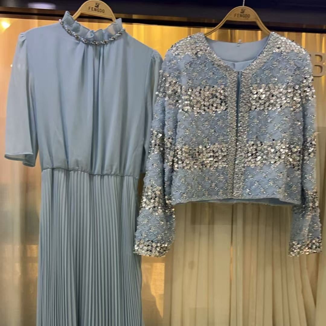 Luxury Pearl Beaded Diamond Grid Jacket & Pleated Dress Set(MS403) - A-1 Thread Vault