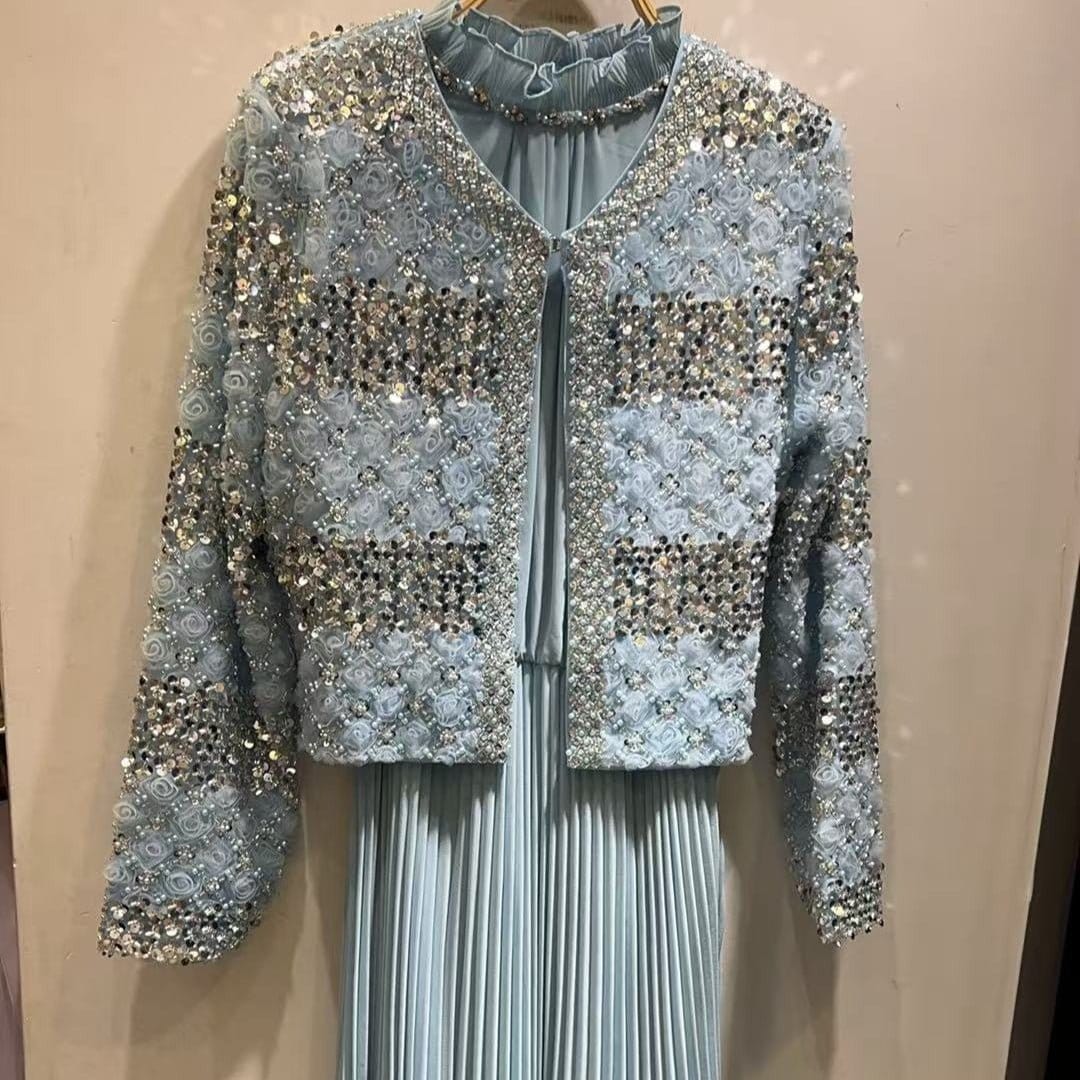 Luxury Pearl Beaded Diamond Grid Jacket & Pleated Dress Set(MS403) - A-1 Thread Vault