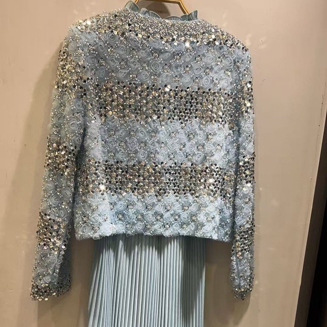 Luxury Pearl Beaded Diamond Grid Jacket & Pleated Dress Set(MS403) - A-1 Thread Vault